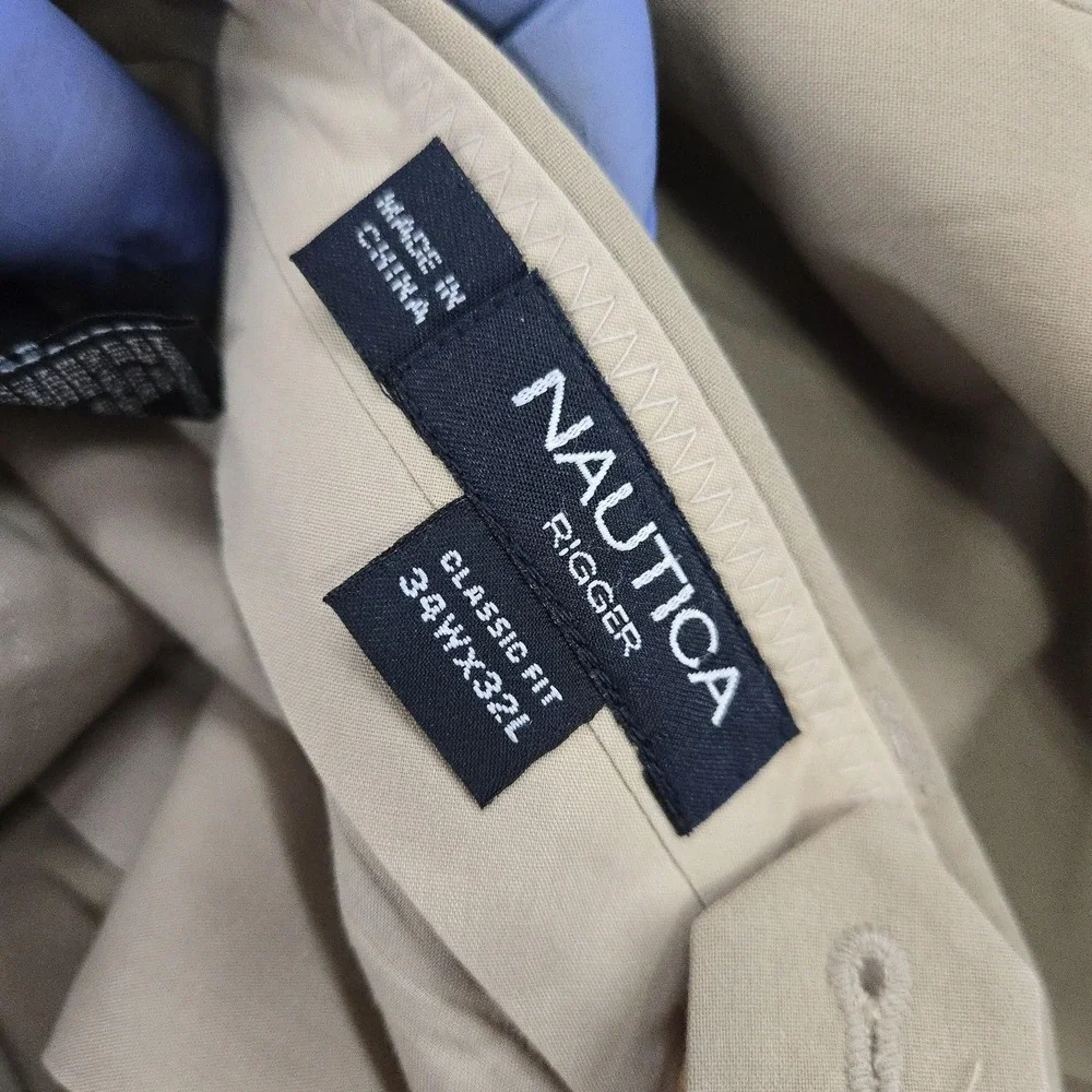 Nautica Pants‎ Mens 34x32 Beige Rigger Classic Fit Pleated Stretch Chino Casual